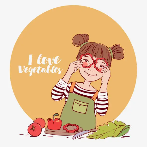 Vector illustration of Cute girl playing with vegetables. Happy kid having fun making salad in the kitchen, holding pepper slices as glasses
