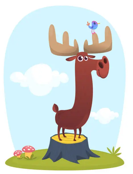 Vector illustration of Funny cute cartoon moose character standing on the meadow background with a grass mushroom and flowers. Vector moose illustration