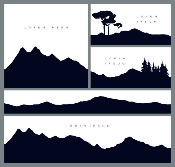 Set of mountains silhouette backgrounds. Stylish cards in outdoor style. Travelling and environment concept. Vector templates for business cards, greetings, prints, web design, invitations and banners. mountain borders stock illustrations
