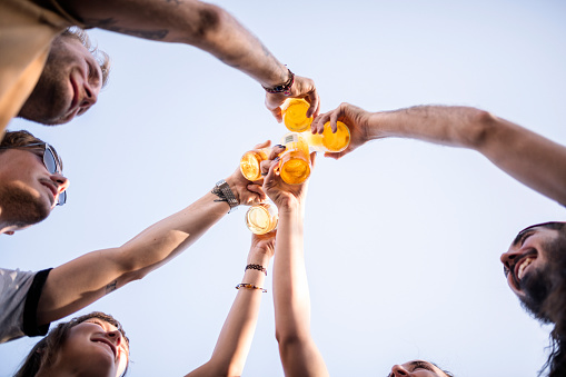 Directly below shot of friends toasting beer bottles. Happy men and women are celebrating against sky. They are enjoying during social gathering.