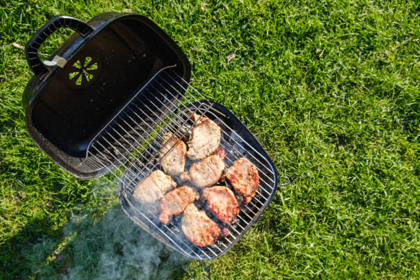 istock Barbecue grill with various kinds of meat. Placed on grass 980071614