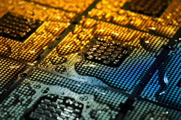 closeup of aligned cpu chips with water drops over stock photo