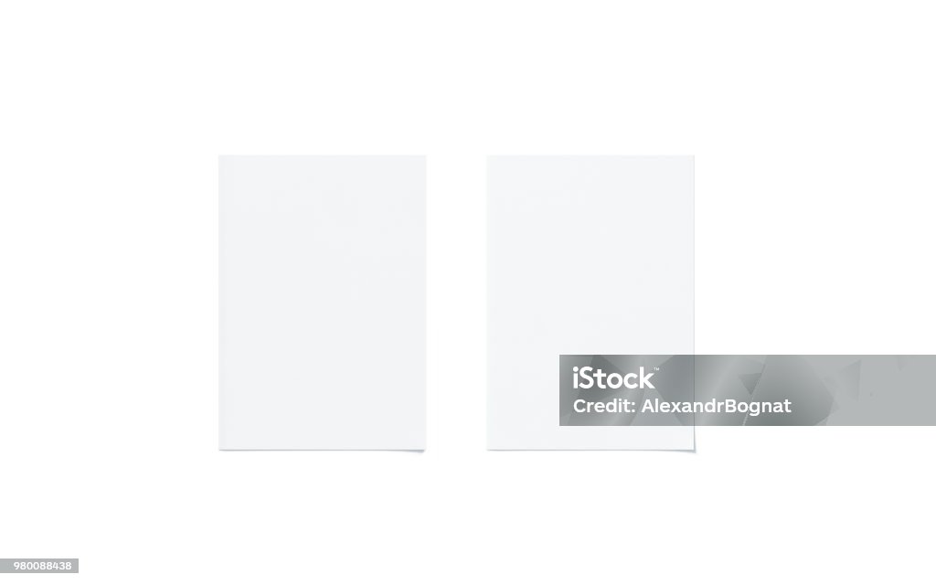 Blank white a5 flyer mock up set, top view Blank white a5 flyer mock up set, top view, isolated, 3d rendering. Two clear brochures mockup. Clear flier paper sheet template. Clean promotional booklets Leaf Stock Photo