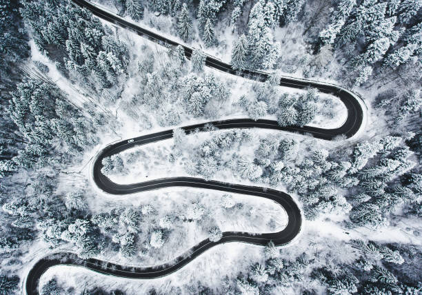 istock Winding winter road in and forest whit trees covered in snow 980092378