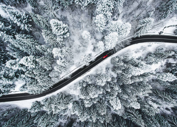 Car on road in winter trough a forest covered with snow stock photo