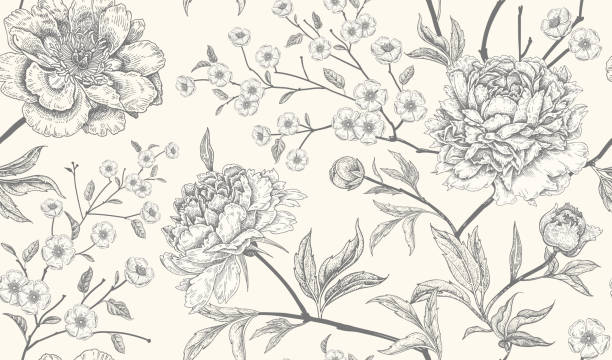 illustrazioni stock, clip art, cartoni animati e icone di tendenza di lussuoso sfondo senza cuciture con fiori di peonia. - rose pattern victorian style seamless