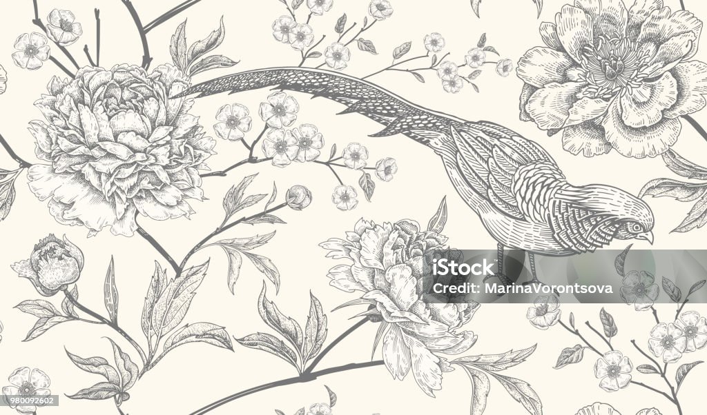 Modèle sans couture avec faisans d’oiseaux exotiques et de fleurs de pivoine. - clipart vectoriel de Abstrait libre de droits