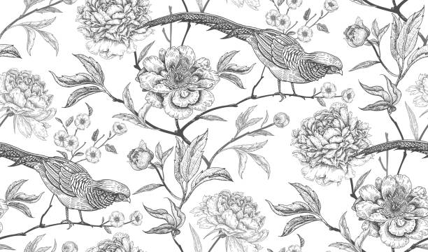 illustrazioni stock, clip art, cartoni animati e icone di tendenza di motivo senza cuciture con fagiani di uccelli esotici e fiori di peonia. - rose pattern victorian style seamless
