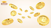 Cryptocurrency concept or electronic payments. Vector technology 3d illustration. Realistic gold coins explosion or splash on white background. Rain of golden bitcoins. Falling or flying money