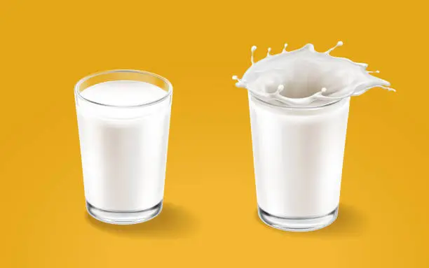 Vector illustration of Milk and transparent cup elements isolated on warm background. Liquid splash in glass cup. Milk pours out. Vector 3d realistic illustration