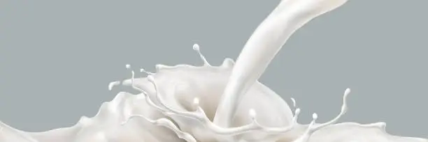 Vector illustration of Milk splashing effect. Liquid beverage pouring down. Design element for advertising. Vector 3d realistic illustration