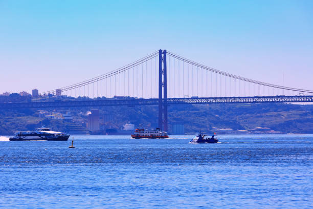Lisbon, Portugal landmark Ponte de 25th Abril bridge and River Tagus panorama