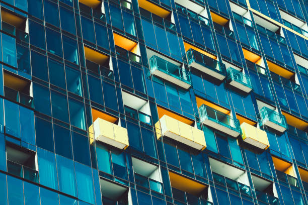 Closeup of windows in high rise building in downtown Melbourne, Australia stock photo