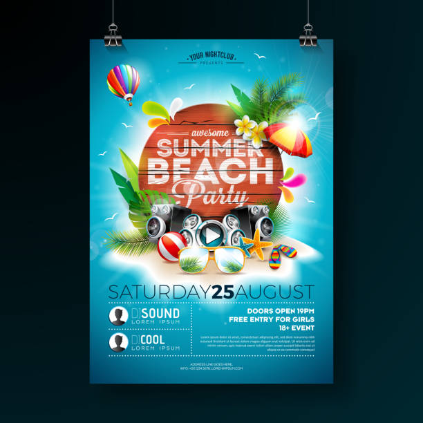 Vector Summer Beach Party Flyer Design with typographic elements on wood texture background. Summer nature floral elements, tropical plants, flower, beach ball and sunshade with blue cloudy sky. Design template for banner, flyer, invitation, poster. Vector Summer Beach Party Flyer Design with typographic elements on wood texture background. Summer nature floral elements, tropical plants, flower, beach ball and sunshade with blue cloudy sky. Design template for banner, flyer, invitation, poster beach party stock illustrations