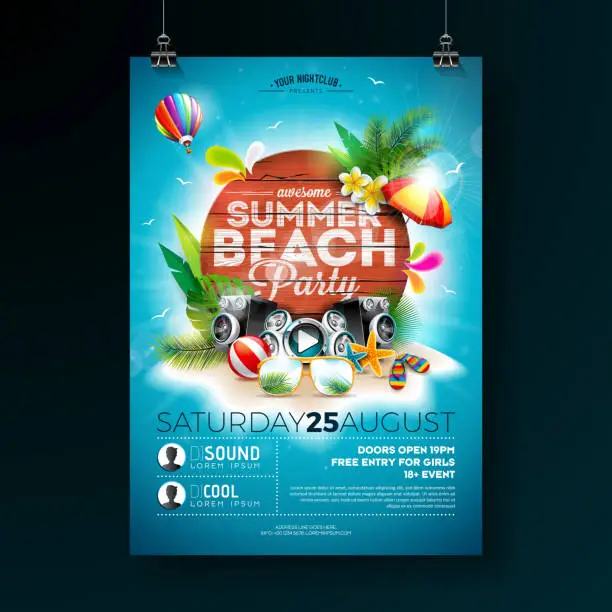 Vector illustration of Vector Summer Beach Party Flyer Design with typographic elements on wood texture background. Summer nature floral elements, tropical plants, flower, beach ball and sunshade with blue cloudy sky. Design template for banner, flyer, invitation, poster.