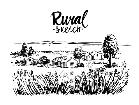 Rural landscape. Hand drawn illustration converted to vector