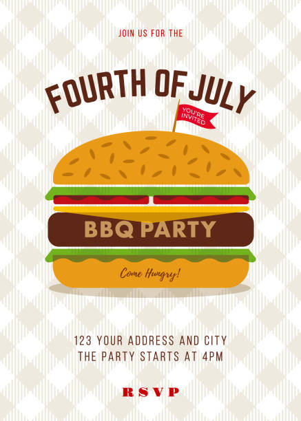 4 lipca szablon zaproszenia do grillowania - hamburger bun barbecue sign stock illustrations