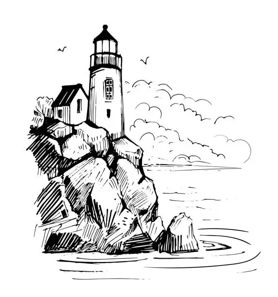Vector illustration of Lighthouse in the sea. Vector illustration. Hand drawn sketch