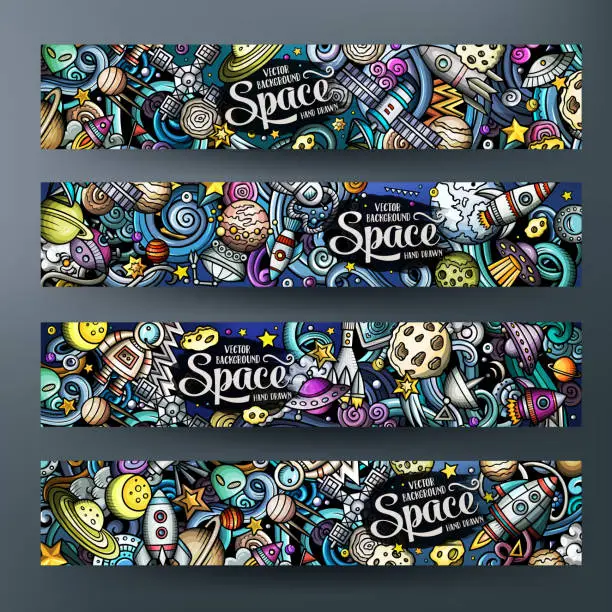 Vector illustration of Cartoon cute doodles hand drawn space banners