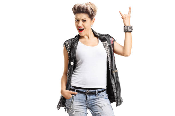 Female punker making a rock hand gesture