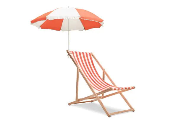 Deck chair with an umbrella isolated on white background