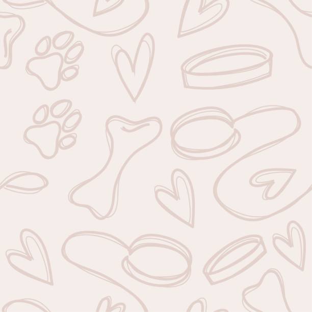 Hand drawn seamless pattern with dog footprint, bones and leash. Hand drawn seamless pattern with dog footprint, bones and leash. Vector illustration domestic animals background stock illustrations