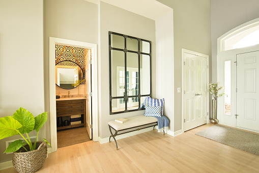 A contemporary home entry hallway foyer with bathroom and interior front door.