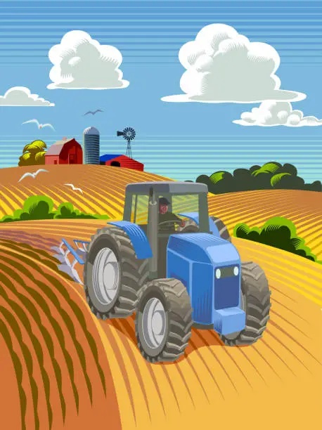 Vector illustration of Modern tractor ploughing field