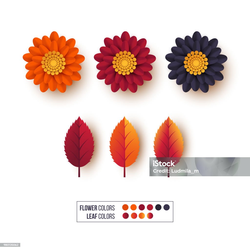 Ensemble de feuilles de l’automne 3d avec des fleurs. Éléments décoratifs pour autumnal cartes de souhaits, arrière-plans. Couleurs orange, Bordeaux, violettes. Isolé sur blanc, illustration vectorielle. - clipart vectoriel de Feuillage automnal libre de droits