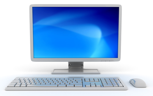 Desktop Computer with a Blank White Screen Monitor, Keyboard and Mouse isolated on white background. 3D render