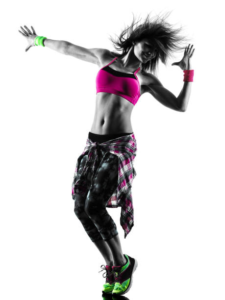 woman zumba fitness exercises dancer dancing isolated silhouette one caucasian woman zumba fitness exercises dancer dancing isolated in silhouette on white background zumba image stock pictures, royalty-free photos & images