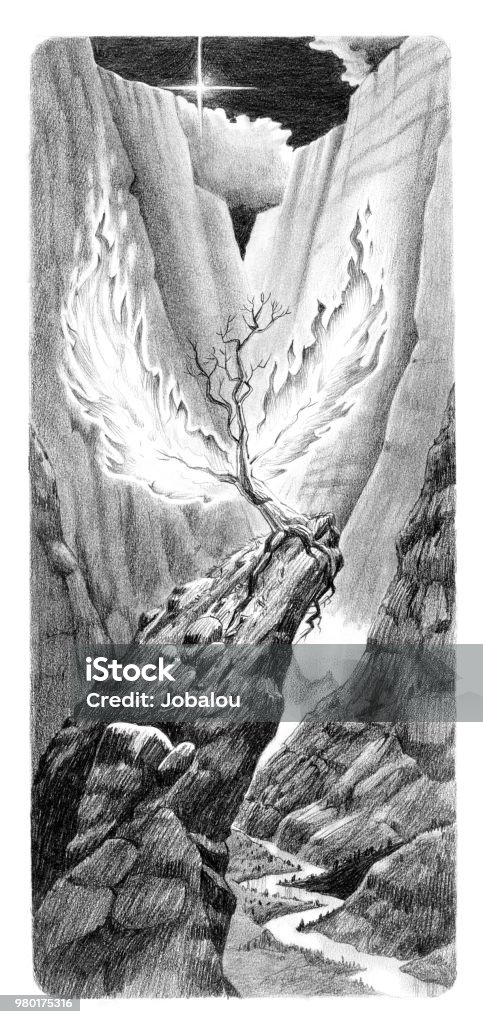 Burning Tree Of The Valley Raster illustration of a Fantastic environment sci-fi with a burning tree in a dark valley. Hand-Drawn graphite crayon pencil imaginative art Astronomy stock illustration