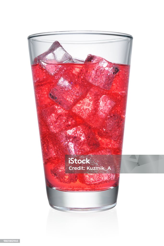 Glass of red soda isolated Glass of carbonated soda soft drink with ice cubes isolated on white background.  Clipping path Drinking Glass Stock Photo