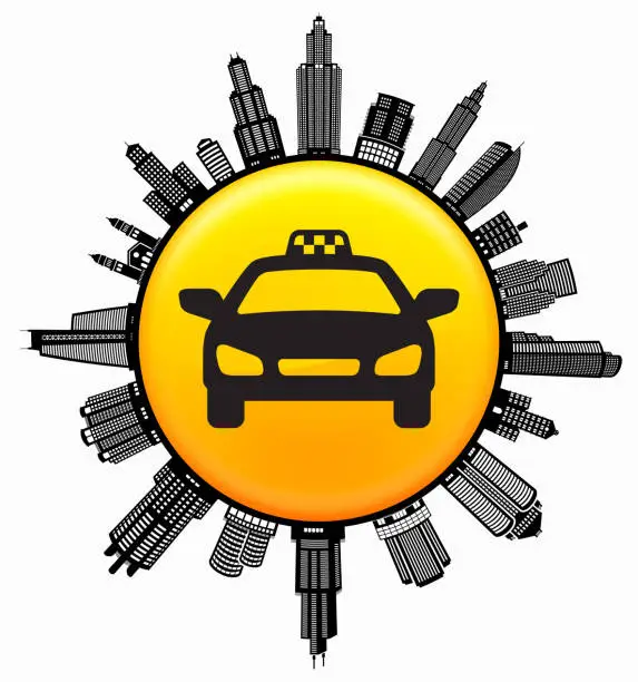 Vector illustration of Taxi Sign Black and White Cityscape Skyline Background