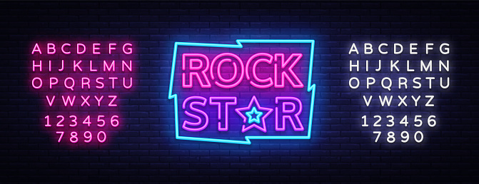 Rock Star Neon Sign Vector Illustration. Design template neon signboard on Rock Music, Light banner, Bright Night Advertising. Vector. Editing text neon sign.