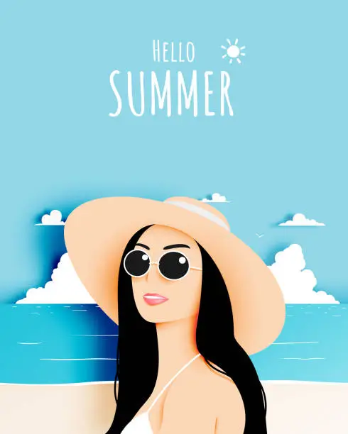 Vector illustration of Girl with stunning summer nature background in paper art style and pastel color scheme