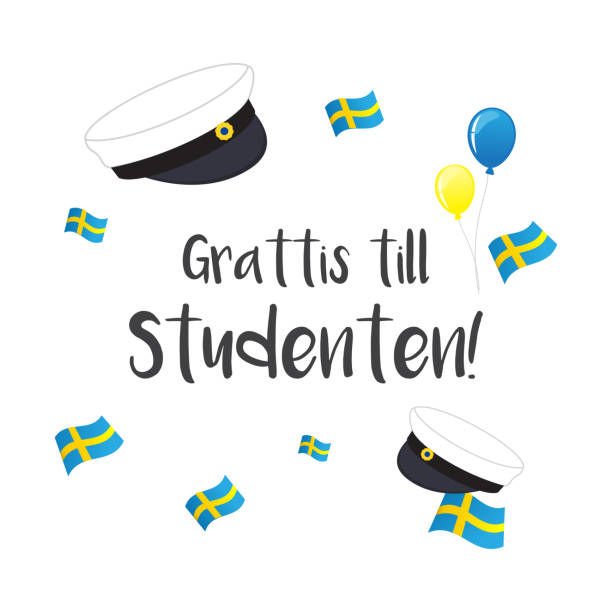 ilustrações, clipart, desenhos animados e ícones de chapéu de formatura com a bandeira da suécia, ilustração vetorial de cartão. sueco tradução: "parabéns pela formatura!" - rutabaga