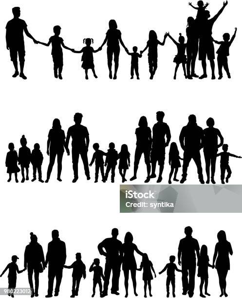 Vector Silhouette Of Children On White Background - Arte vetorial de stock e mais imagens de Silhueta - Silhueta, Família, Figura para recortar