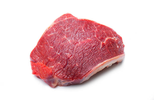 top view of tasty fresh raw beef steak isolated on white background, - scotch steak imagens e fotografias de stock
