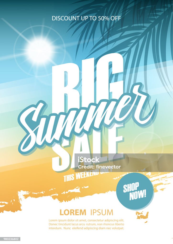 Big Summer Sale poster. This weekend only special offer commercial sign with hand lettering and palm leaves. Discount up to 50% off. Shop now! Big Summer Sale poster. This weekend only special offer commercial sign with hand lettering and palm leaves. Discount up to 50% off. Shop now! Vector illustration. Summer stock vector