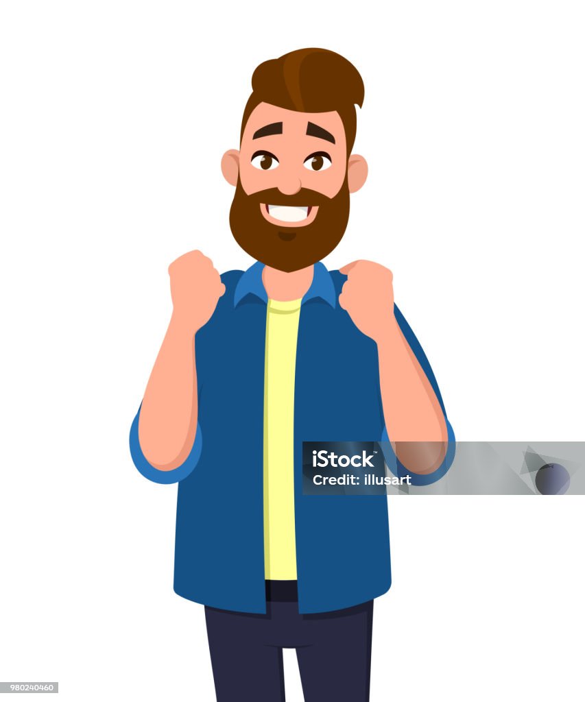 Happy Man Is Showing Success Or Victory Gesture Vector Illustration Concept  In Cartoon Style Stock Illustration - Download Image Now - iStock