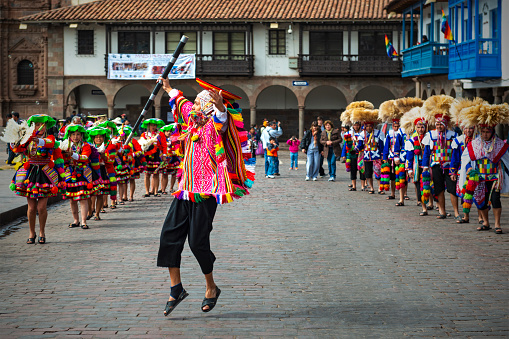 A young Quechua male indigenous dancing during the Inti Raymi Sun Festival on the Plaza de Armas (main square) of Cusco city in Peru, South America.