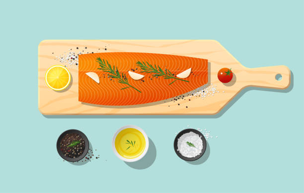 świeże surowe ryby łososiowe i przyprawy na drewnianej desce do krojenia, przygotowywanie żywności, wektor, ilustracja - chinook salmon stock illustrations