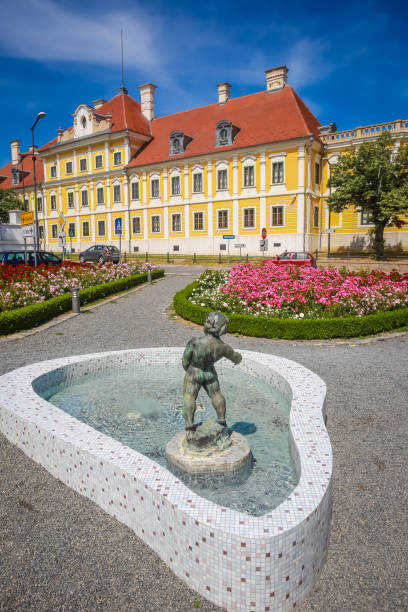 City museum in Vukovar Vukovar, Croatia - May 14, 2018 : View of a water fountain with statue and flowers in a park with the City museum located in the Eltz castle in the background  in Vukovar, Croatia.fountain with statue and flowers in a park with the City museum located in the Eltz castle in the background  in Vukovar, Croatia. eltz castle croatia stock pictures, royalty-free photos & images
