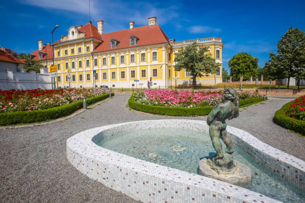 City museum in Vukovar Vukovar, Croatia - May 14, 2018 : View of a water fountain with statue and flowers in a park with the City museum located in the Eltz castle in the background  in Vukovar, Croatia.fountain with statue and flowers in a park with the City museum located in the Eltz castle in the background  in Vukovar, Croatia. eltz castle croatia stock pictures, royalty-free photos & images