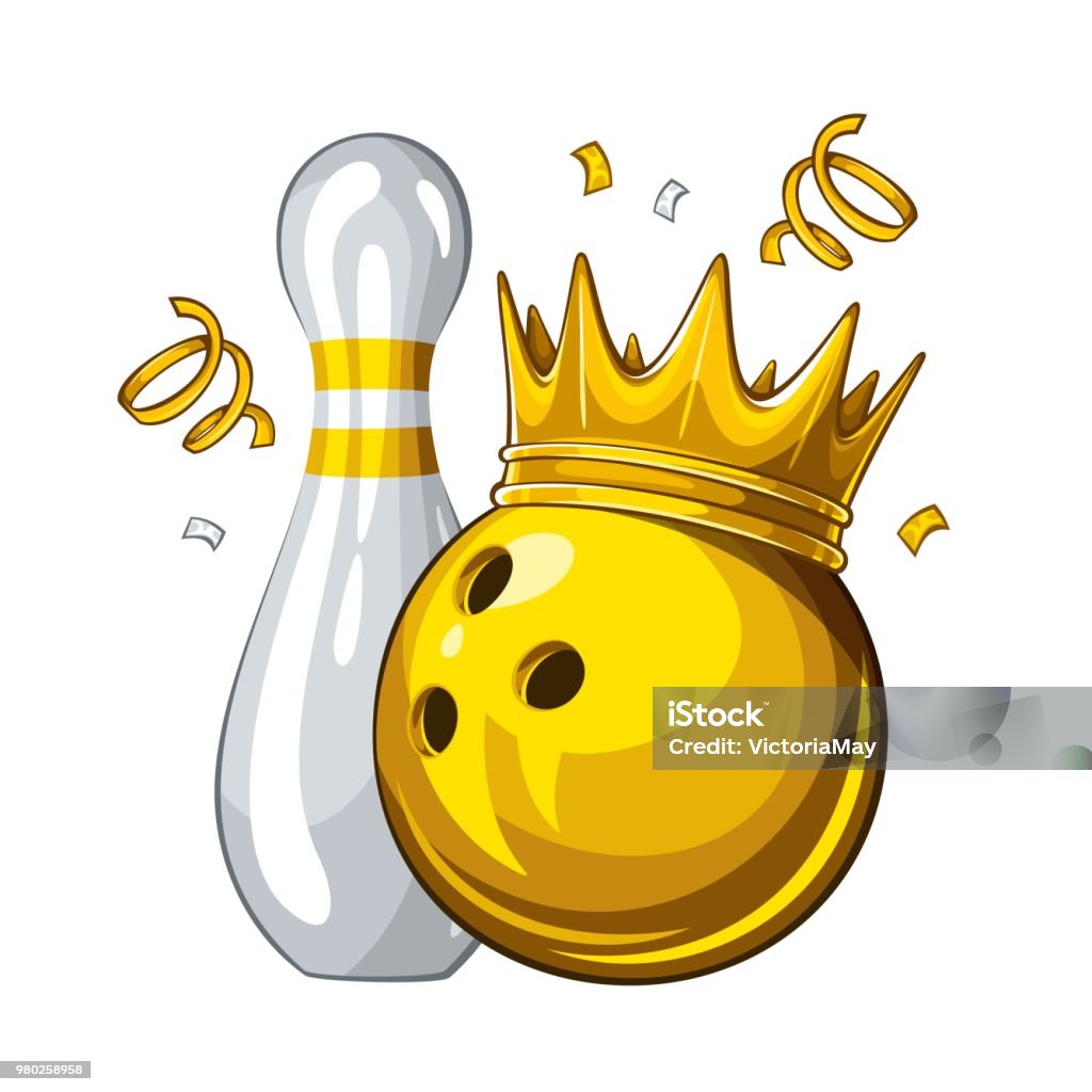 Bowling skittle and bowling ball in golden crown. Champion 1.1 Vector illustration of bowling skittle and yellow bowling ball in golden crown, isolated on white background. Winner. Champion 1.1 Gold - Metal stock vector