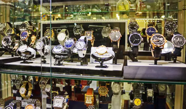 Photo of Showcase with wrist watches.