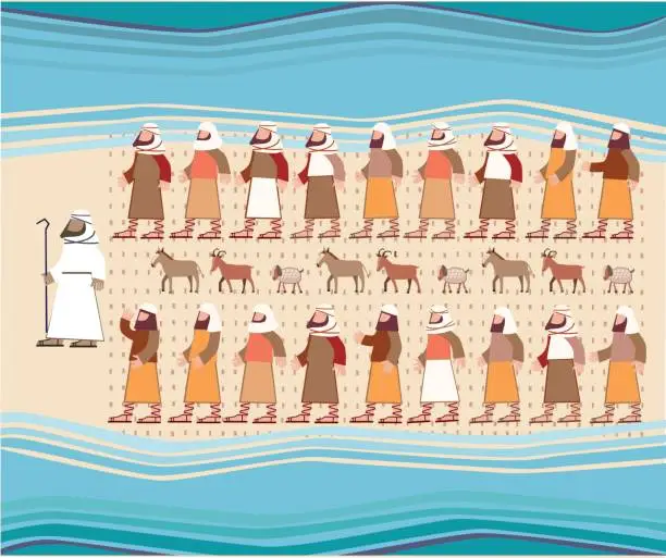 Vector illustration of Jews Walking Through the Parted Red Sea, Passover Illustration