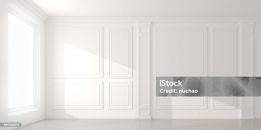Perspectiva do elenco de luz do sol a sombra no quarto vazio de branco e piso de madeira laminado, style.blank interior clássico espaço de processamento architecture.3d - Foto de stock de Parede royalty-free