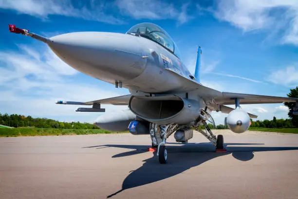 Military jet aircraft F-16 in military airport in Poznan, Poland